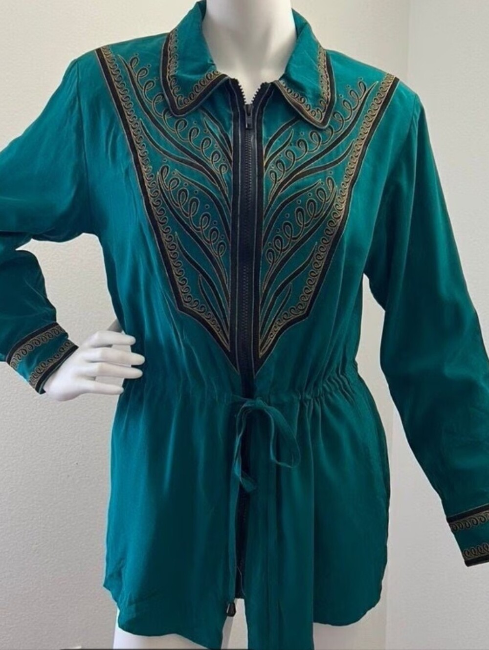 Bob Mackie NWT Green Zip Front Tunic Long Sleeve Gold Embroidery Jacket Size M